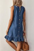 Button-Back Ruffle Hem Denim Dress