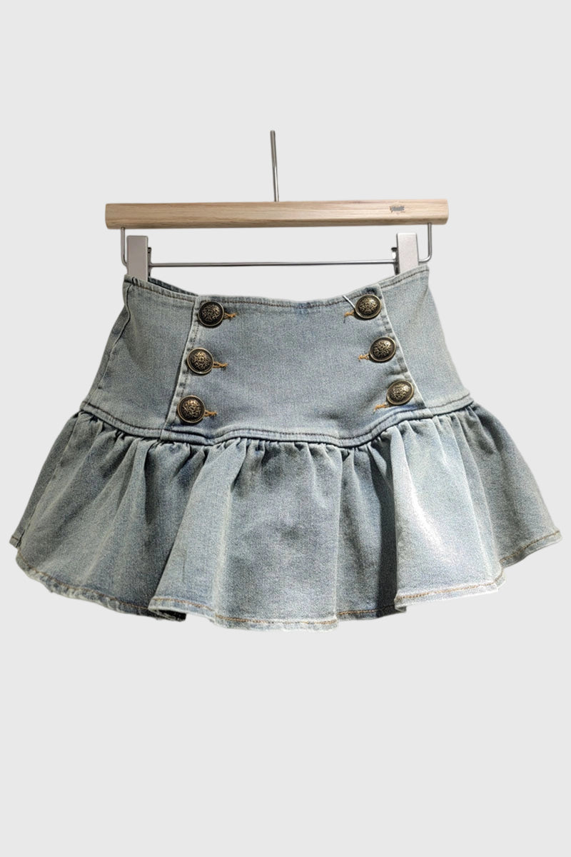 Button Ruffle Denim Skirt