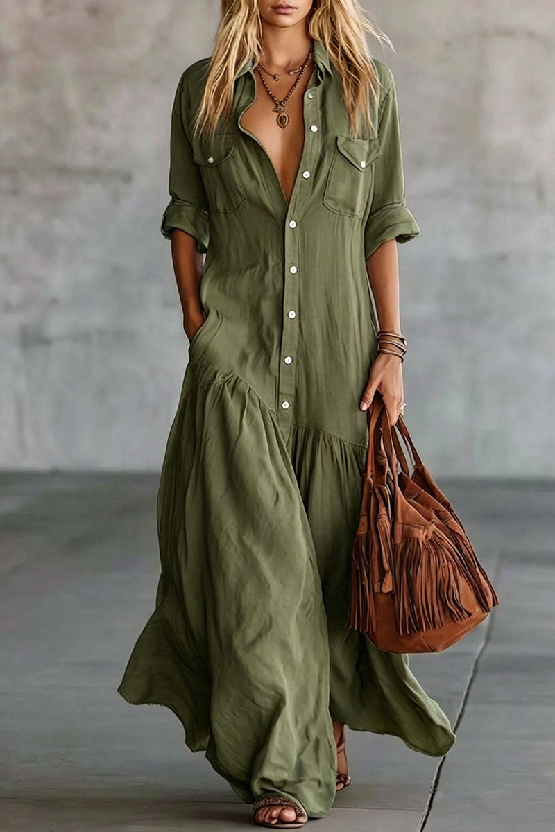 Button Down Collar Tiered Maxi Casual Dress