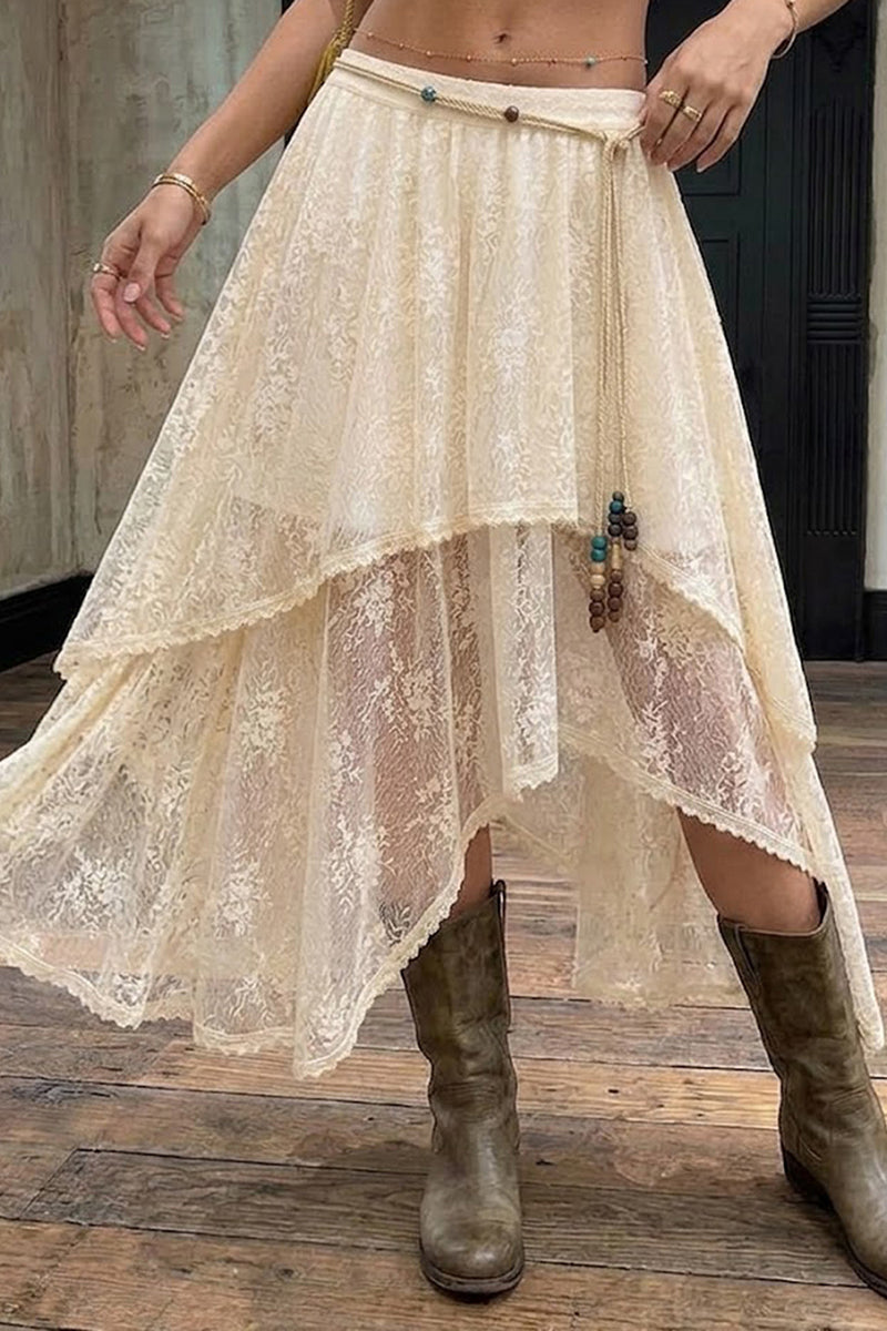 Asymmetrical Hem Lace Midi Skirt