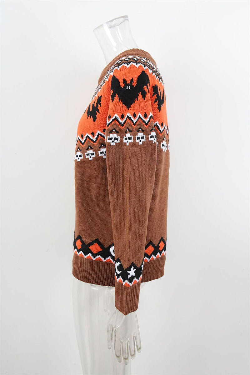 Bat Print Crew Neck Knit Sweater