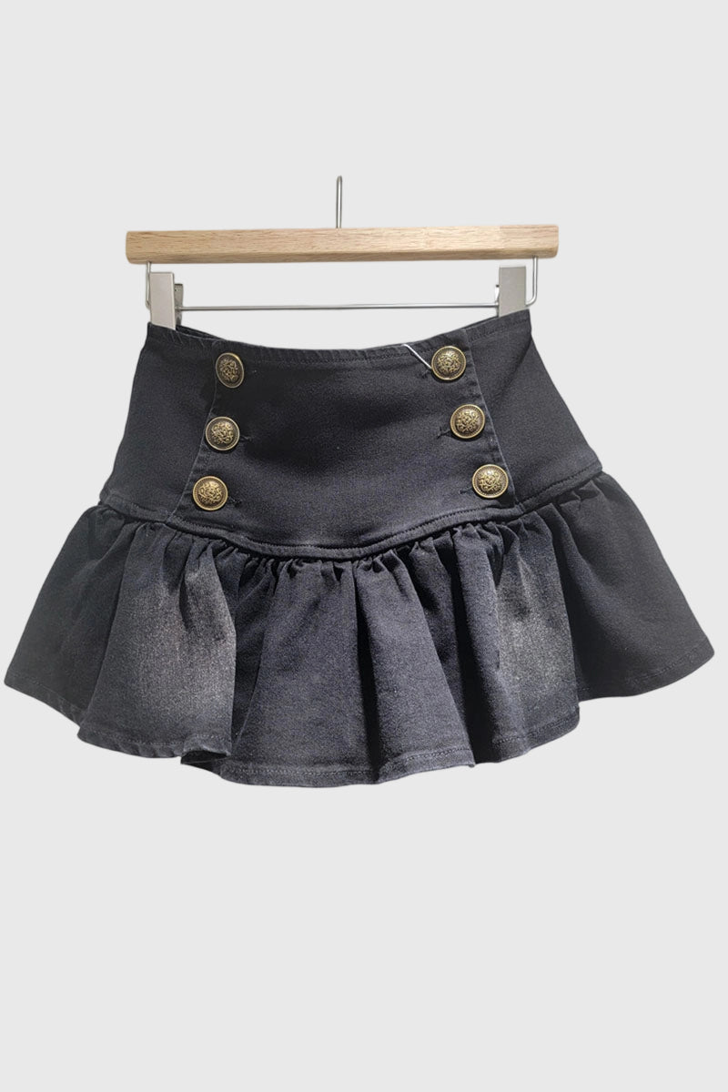 Button Ruffle Denim Skirt