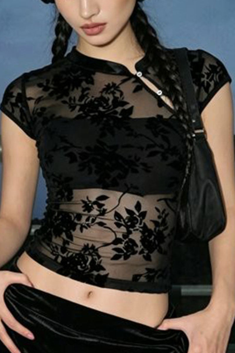 Button Floral Sheer Top