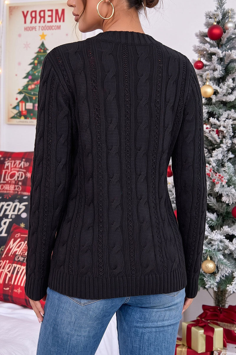 Applique Cable Knit Crew Neck Sweater