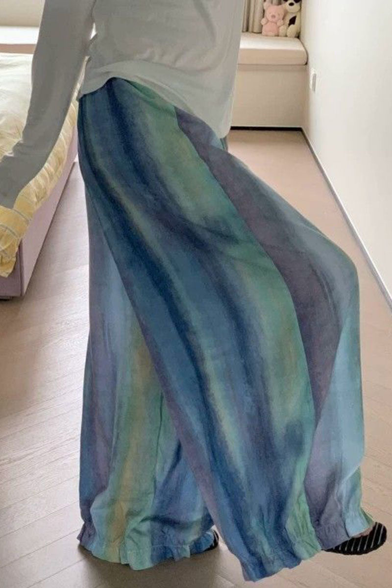 Abstract Print Ruffle Hem Wide-Leg Pants