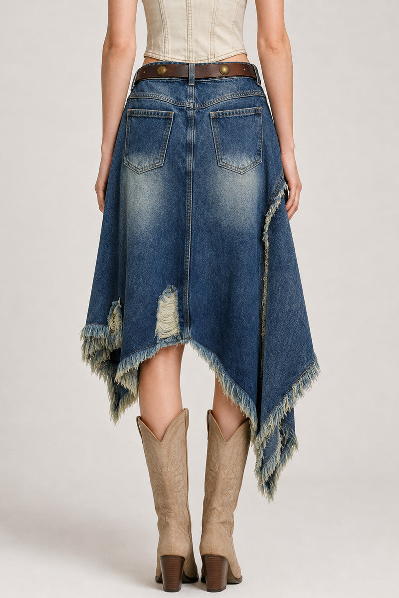 Asymmetric Frayed Hem Denim Skirt