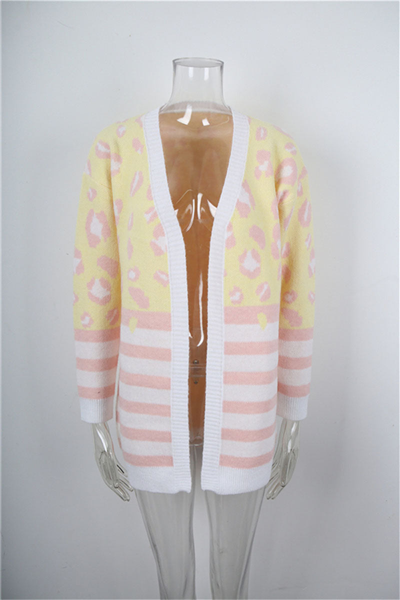 Animal Print Striped Open Front Cardigan