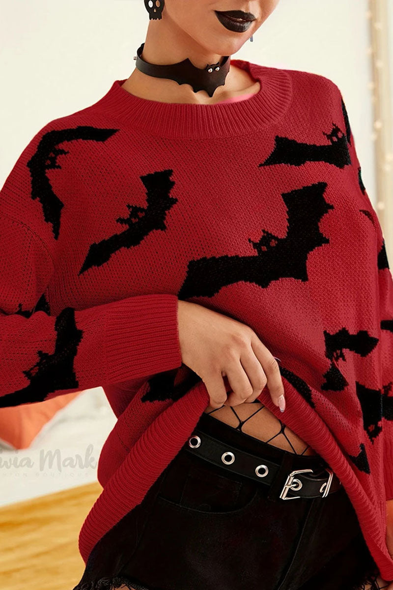 Bat Print Crew Neck Knit Sweater