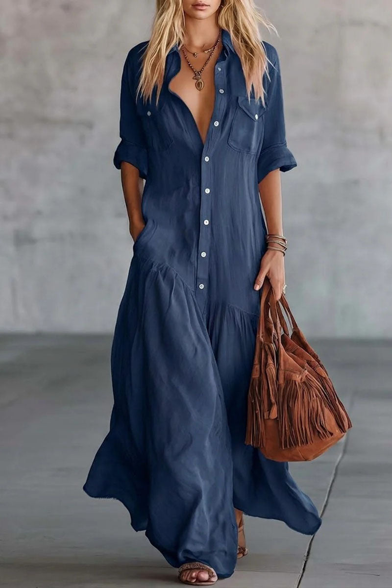 Button Down Collar Tiered Maxi Casual Dress