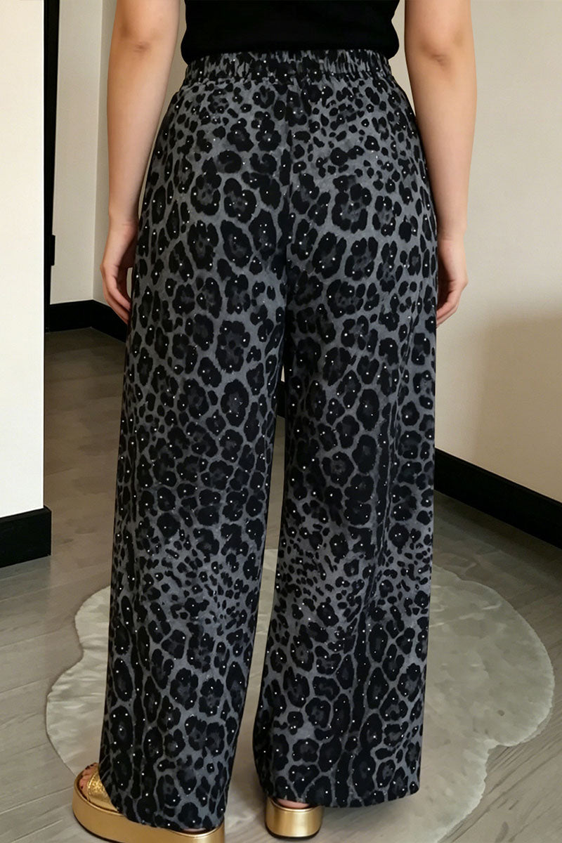 Animal Print Drawstring Wide Leg Casual Pants