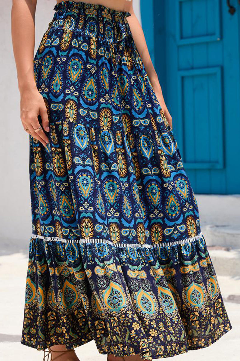 Boho Print Elastic Waist Midi Skirt