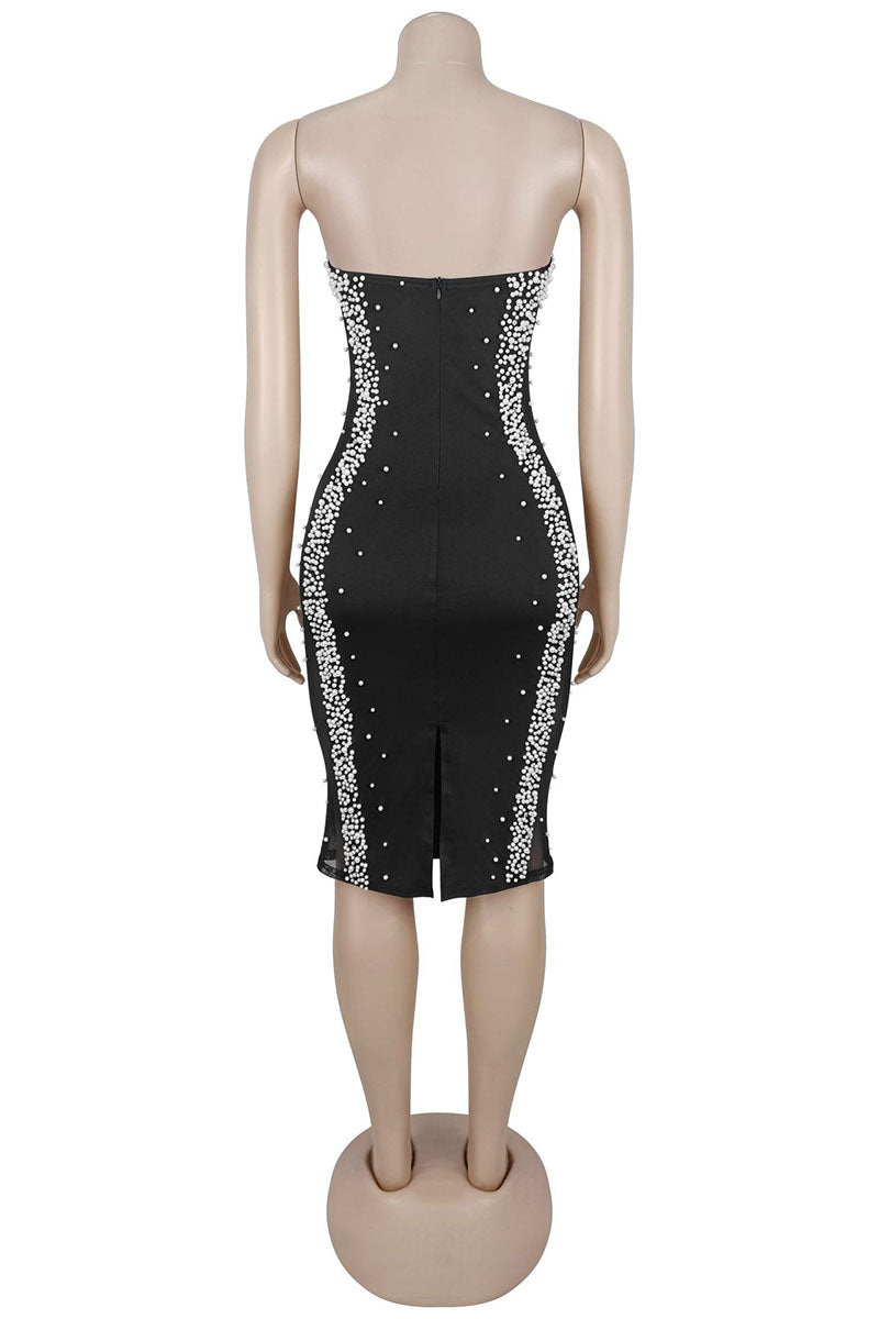 Beaded Mesh Strapless Bodycon Dress