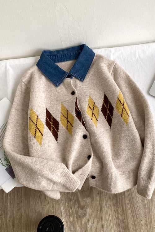 Argyle Knit Denim Collar Cardigan