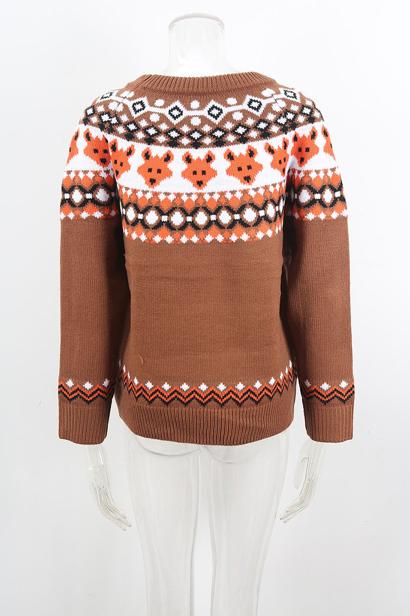 Bear Print Crew Neck Knit Sweater