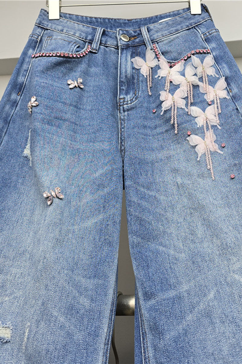 Butterfly Embellished Wide Leg Jeans