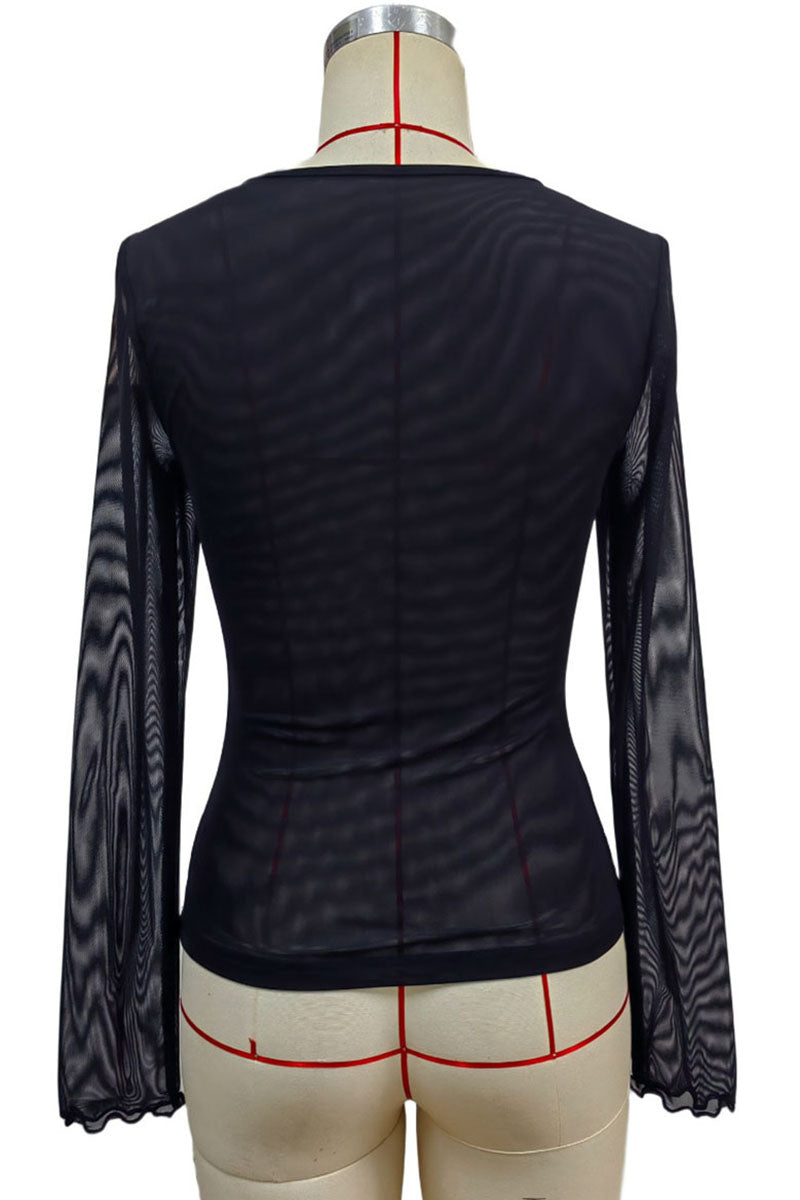 Butterfly Print Mesh Sleeve Crew Neck Top