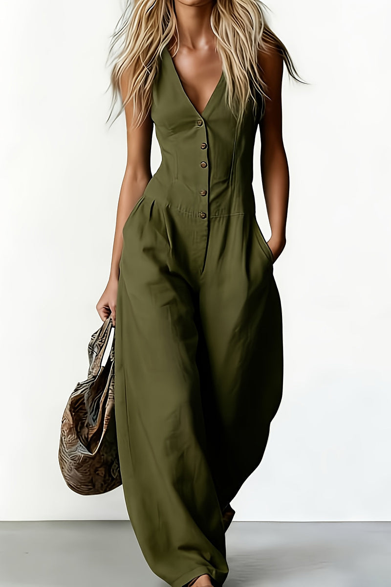Button Front Deep V-Neck Wide Leg Jumpsuit