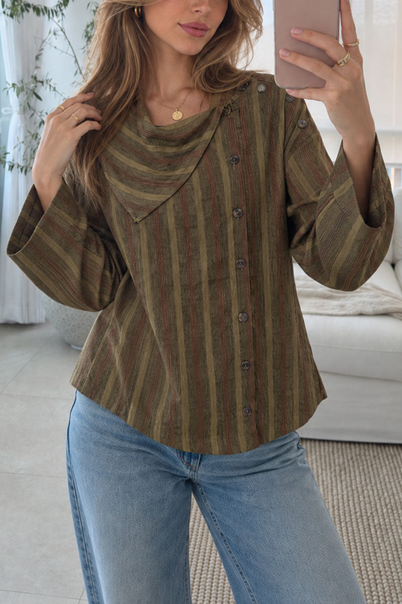 Asymmetric Collar Striped Long Sleeve Shirt