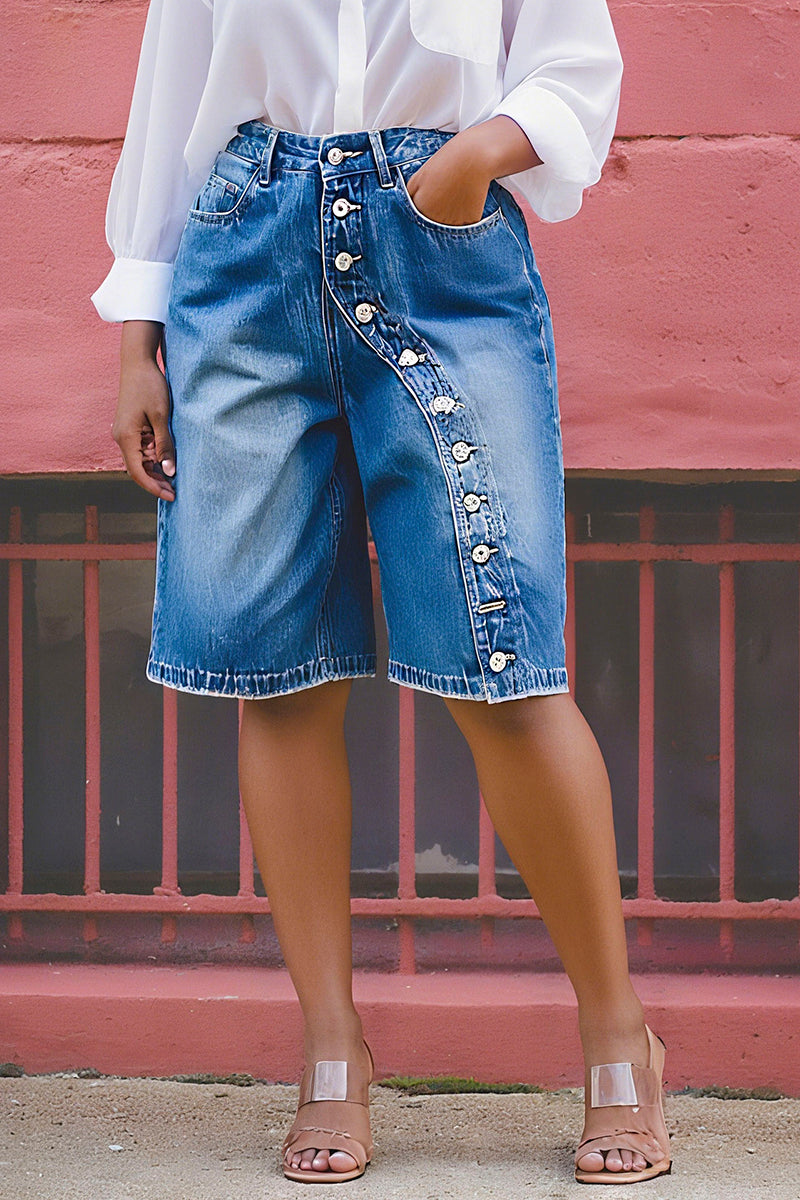 Button Accent Denim Shorts