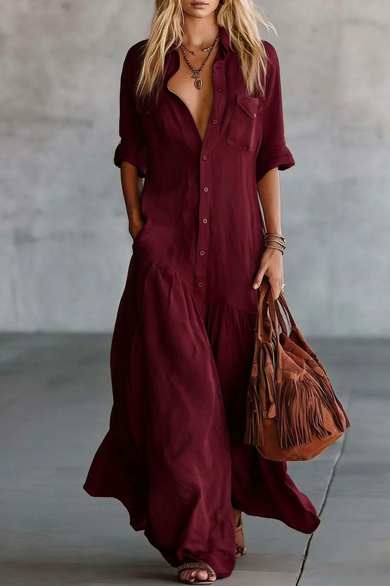 Button Down Collar Tiered Maxi Casual Dress