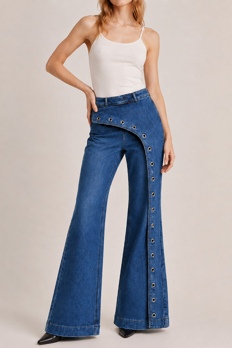 Asymmetric Eyelet Flare Baggy Jeans