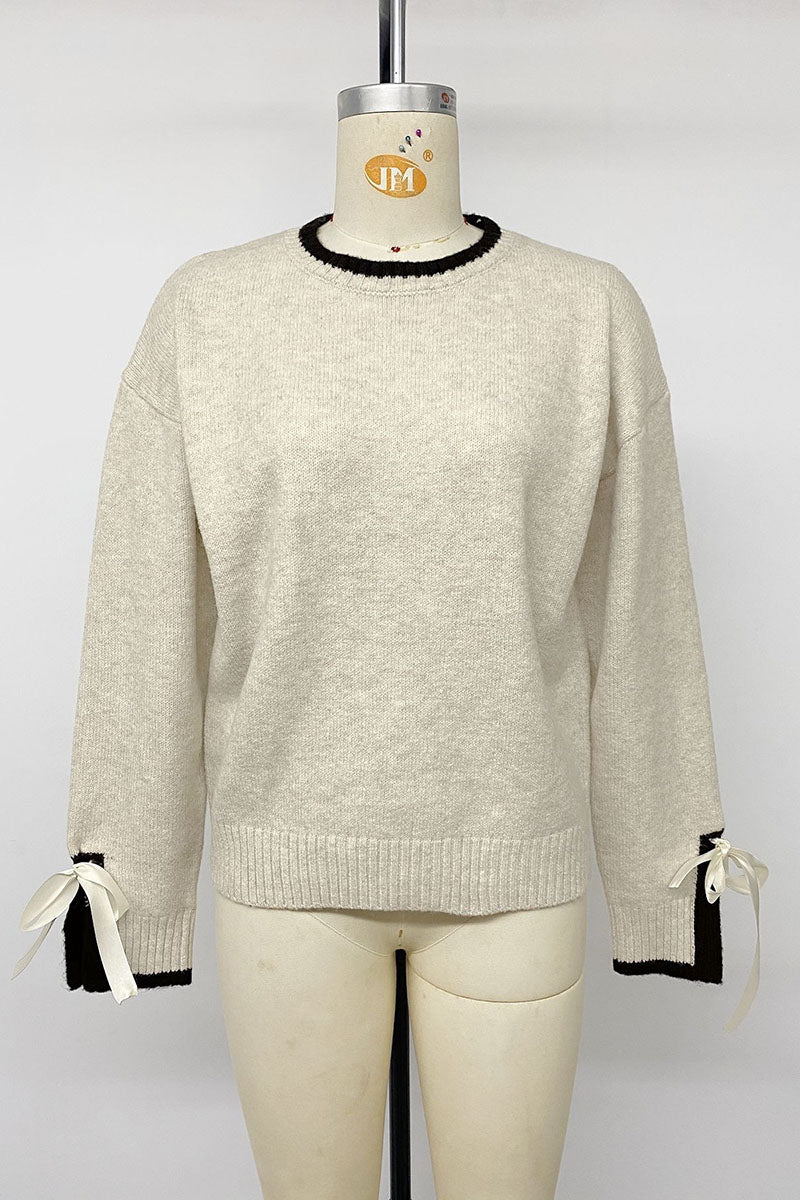 Bow Tie Cuff Crew Neck Knit Sweater