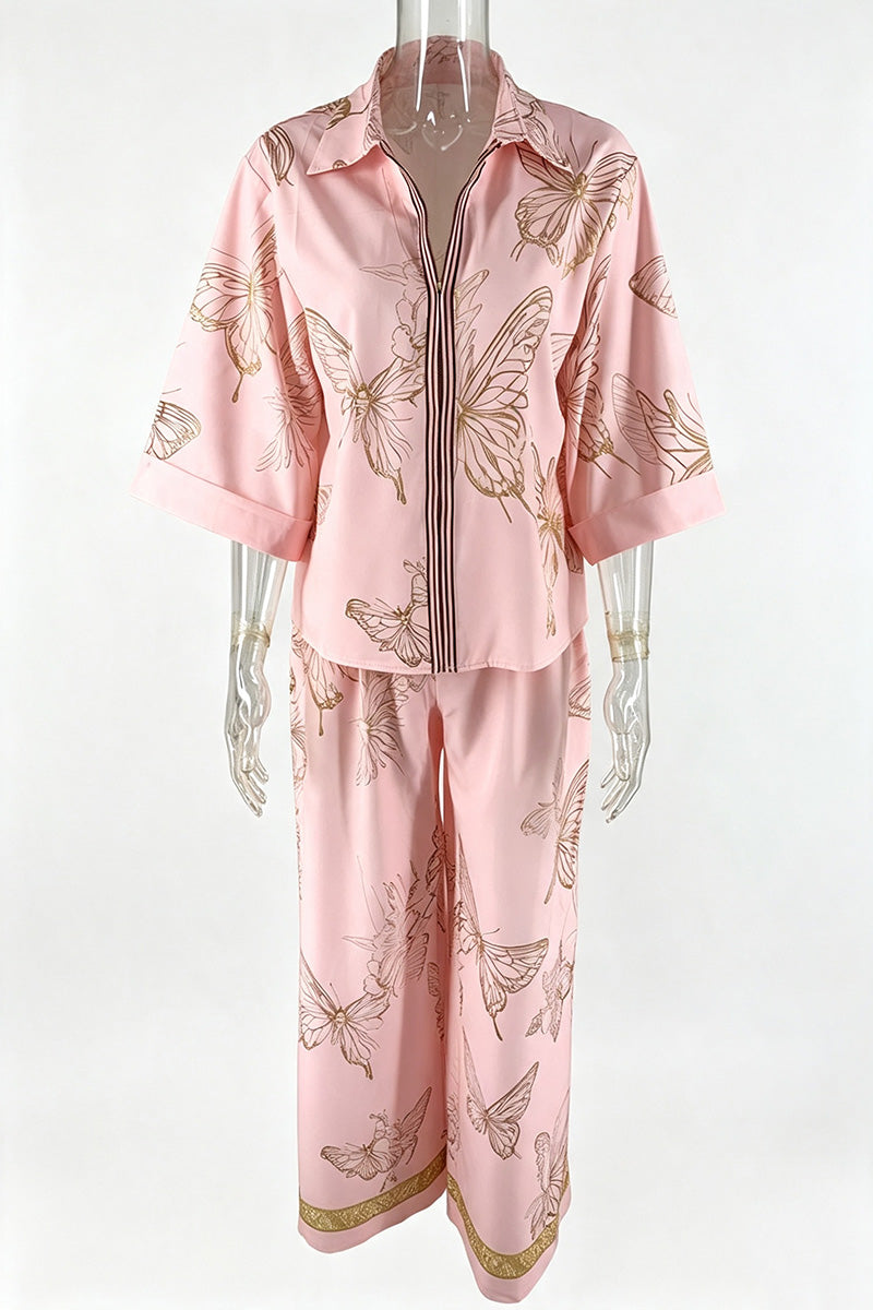 Butterfly Print Zip Front Wide Leg Pants Set