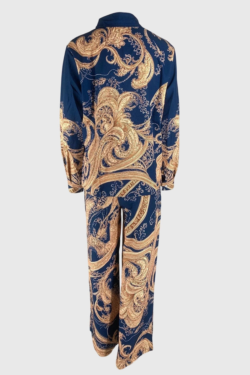 Baroque Print Collared Wide-Leg Pants Set