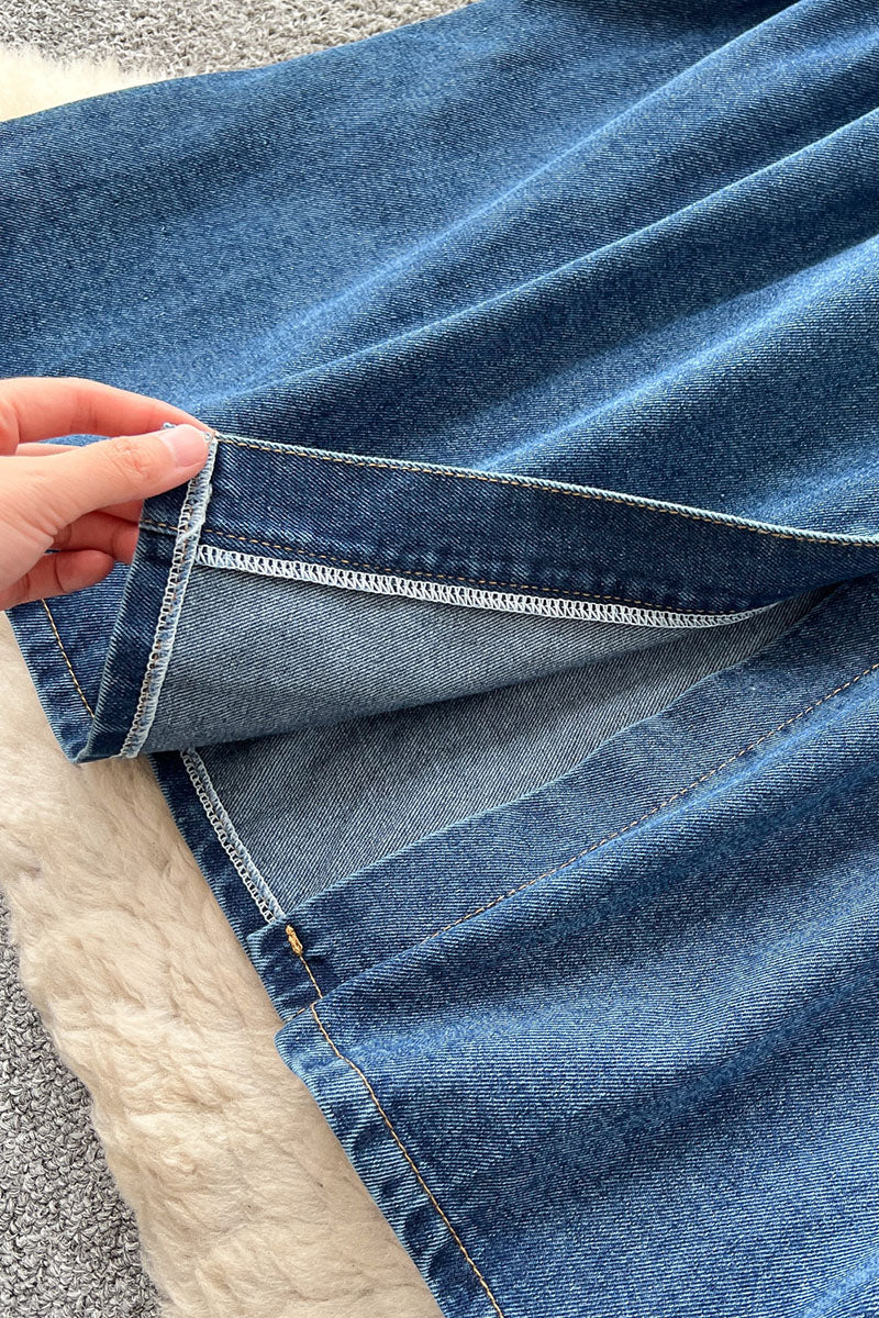 Button Front Slit Denim Skirt
