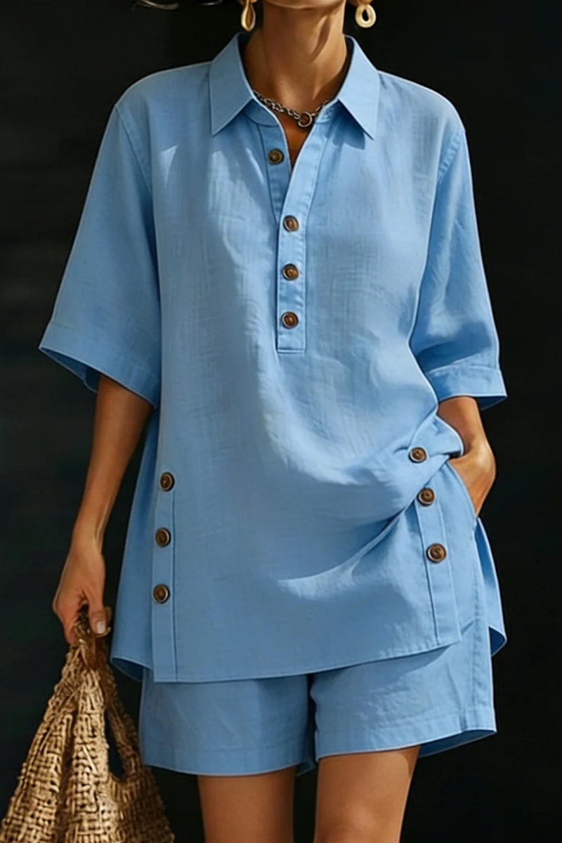 Button-Detail Relaxed Fit Shirt and Shorts Set