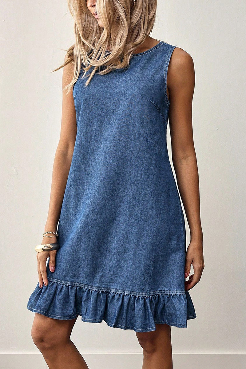 Button-Back Ruffle Hem Denim Dress