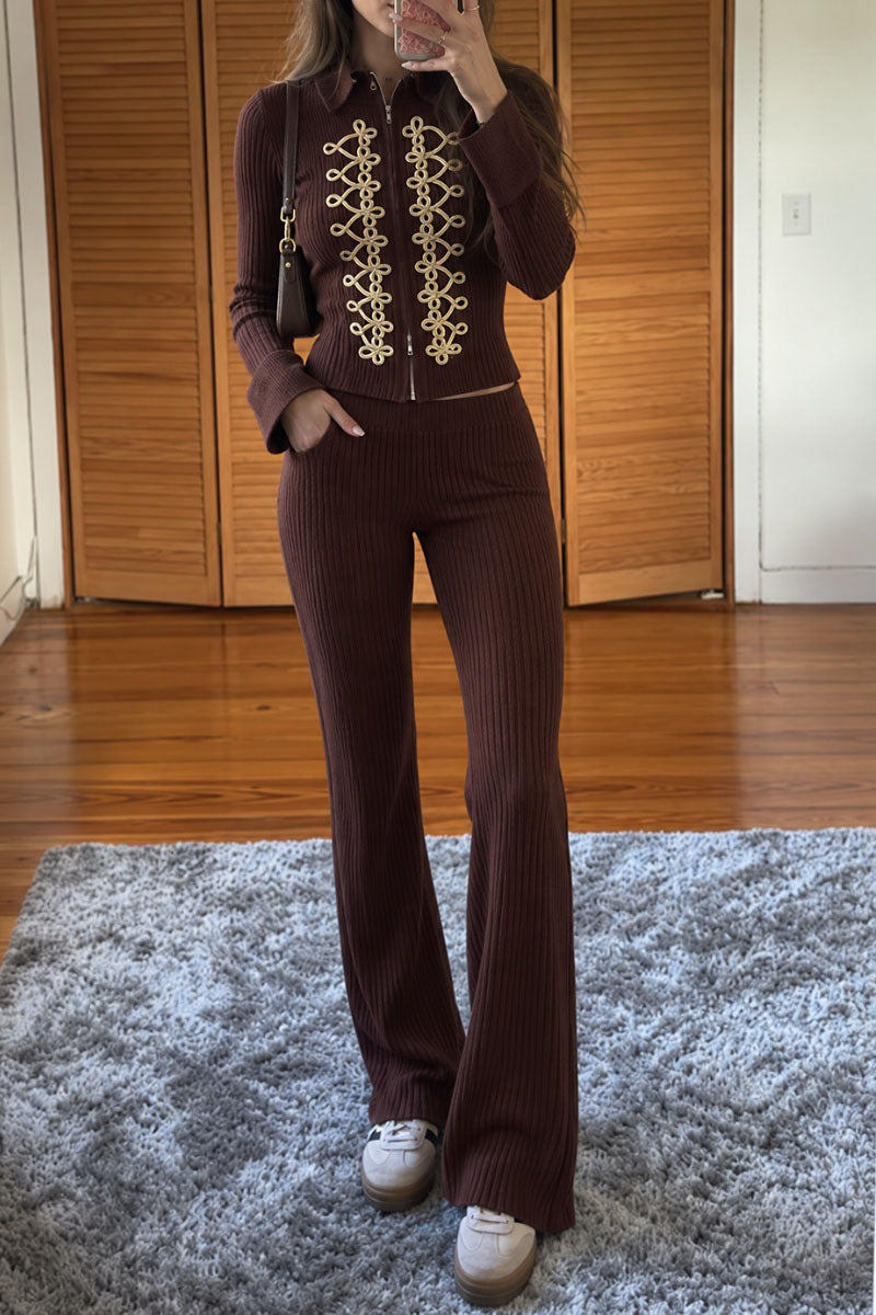 Braided Detail Zip Front Pants Set