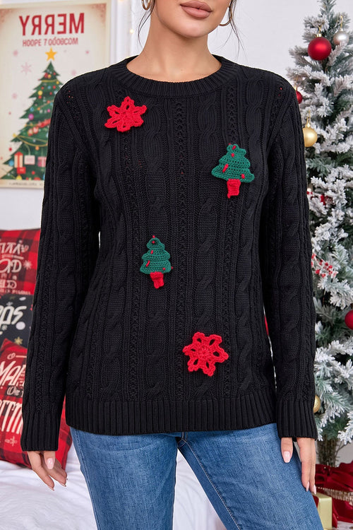 Applique Cable Knit Crew Neck Sweater