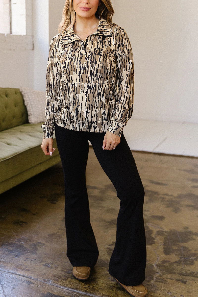 Animal Print Zip Neck Long Sleeve Blouse