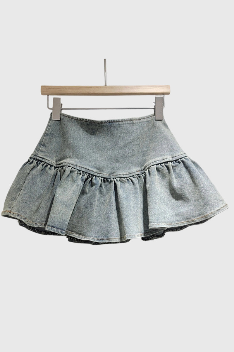 Button Ruffle Denim Skirt