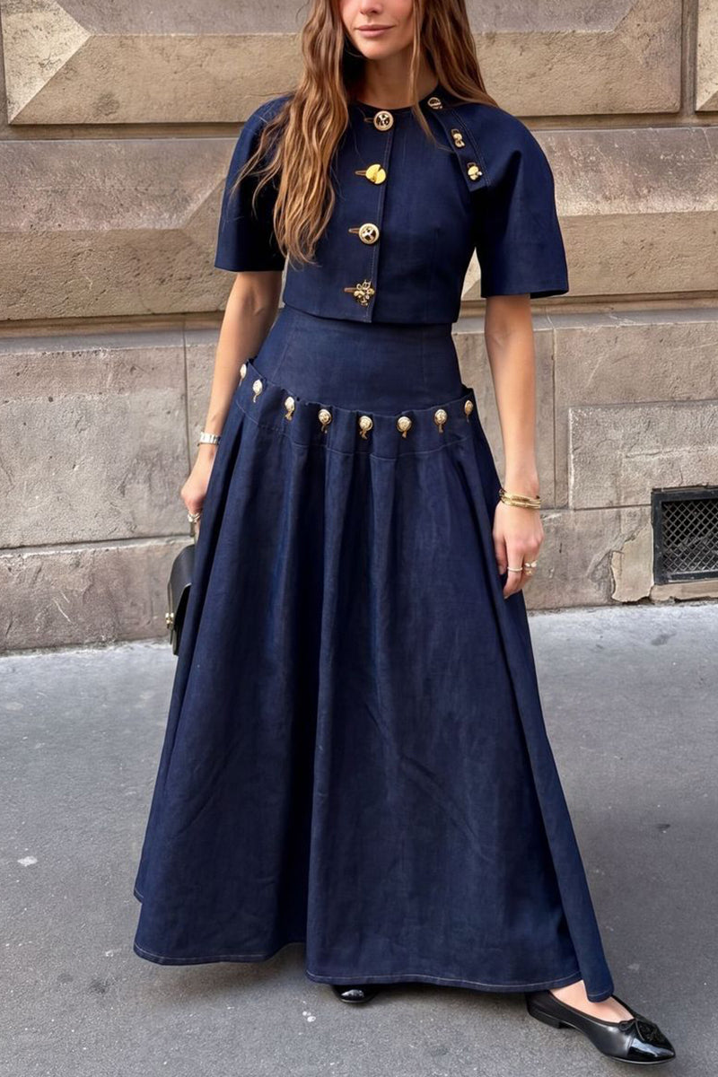 Button-Detail Short Sleeve Skirt Set