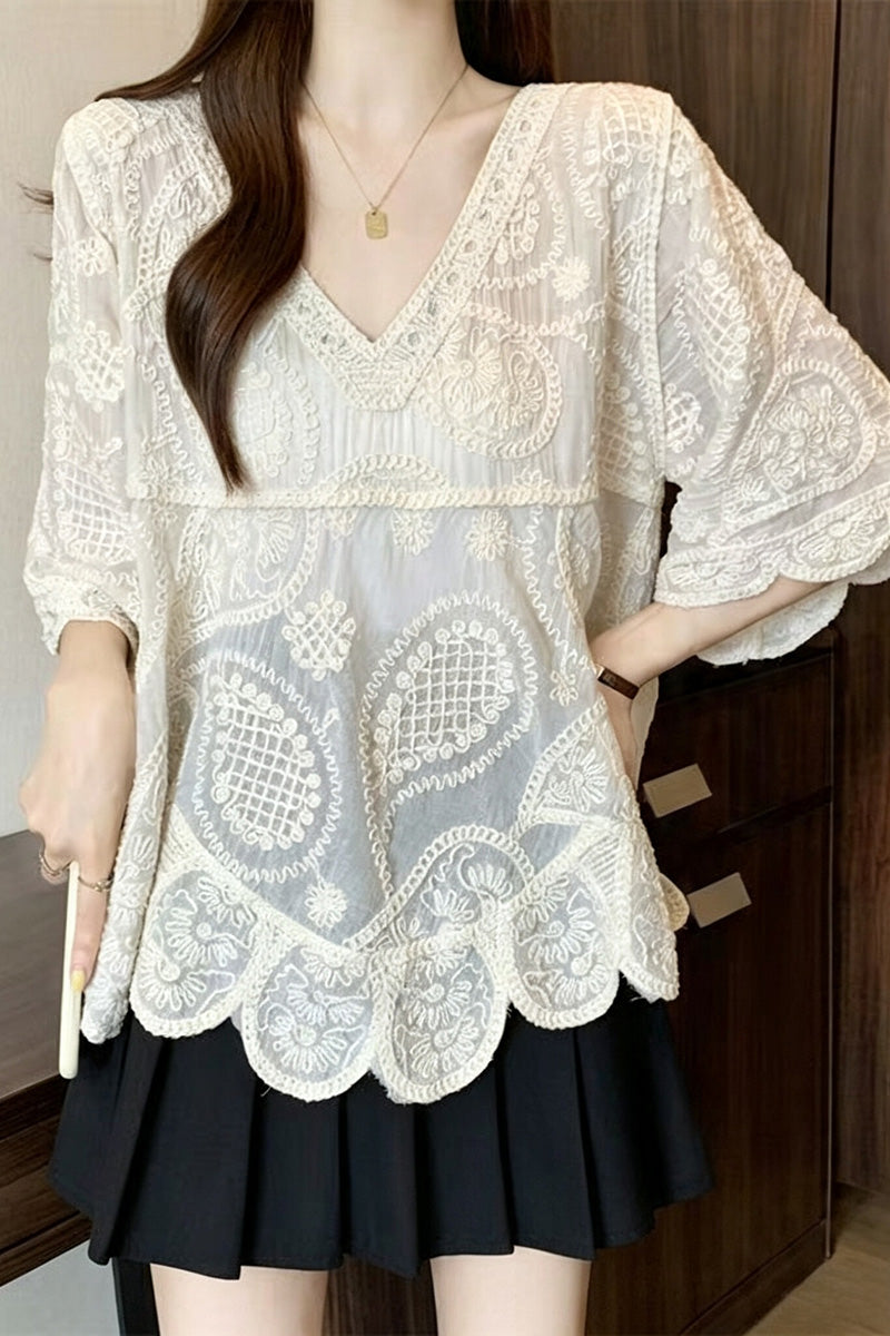 Boho V-Neck Scalloped Bell Sleeve Top