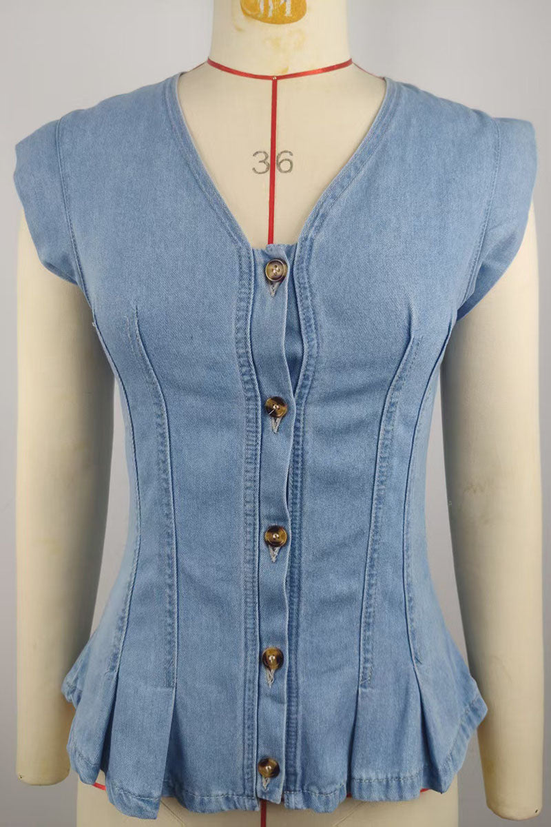 Button V-Neck Denim Vest