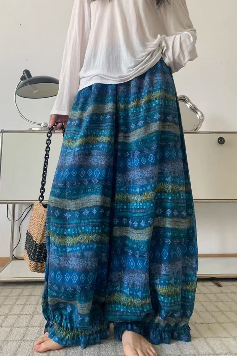 Bohemian Print Ruffle Wide-Leg Pants
