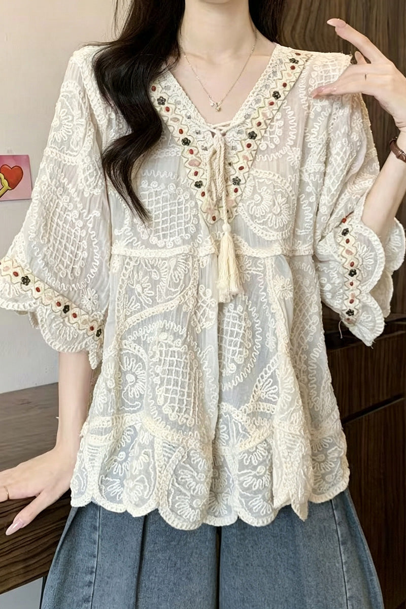 Boho Beaded Tie-Front Bell Sleeve Top