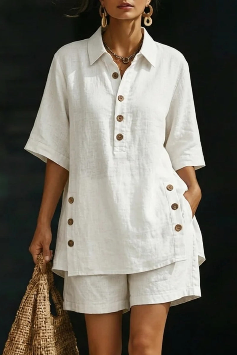 Button-Detail Relaxed Fit Shirt and Shorts Set