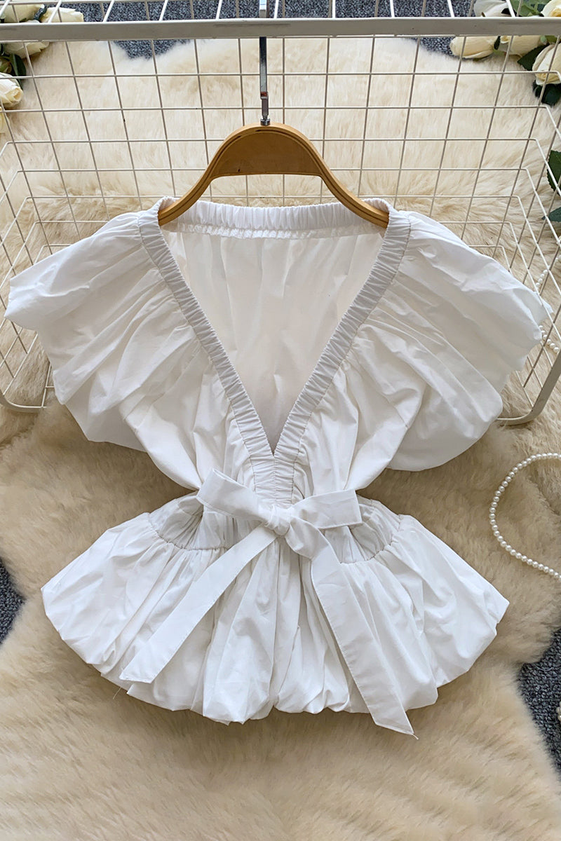 Bow Detail V-Neck Ruched Shirt