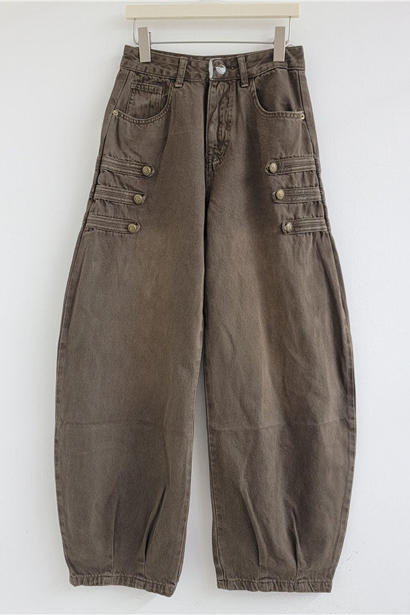 Button Pocket High-Waist Barrel Jeans
