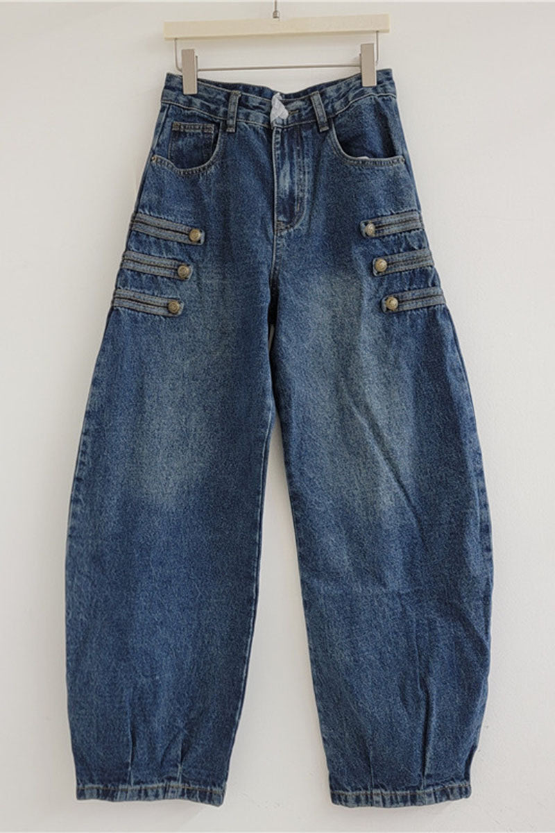 Button Pocket High-Waist Barrel Jeans