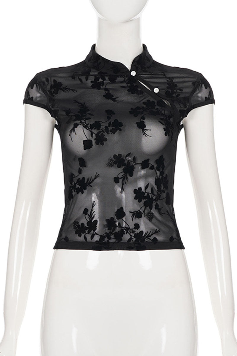 Button Floral Sheer Top