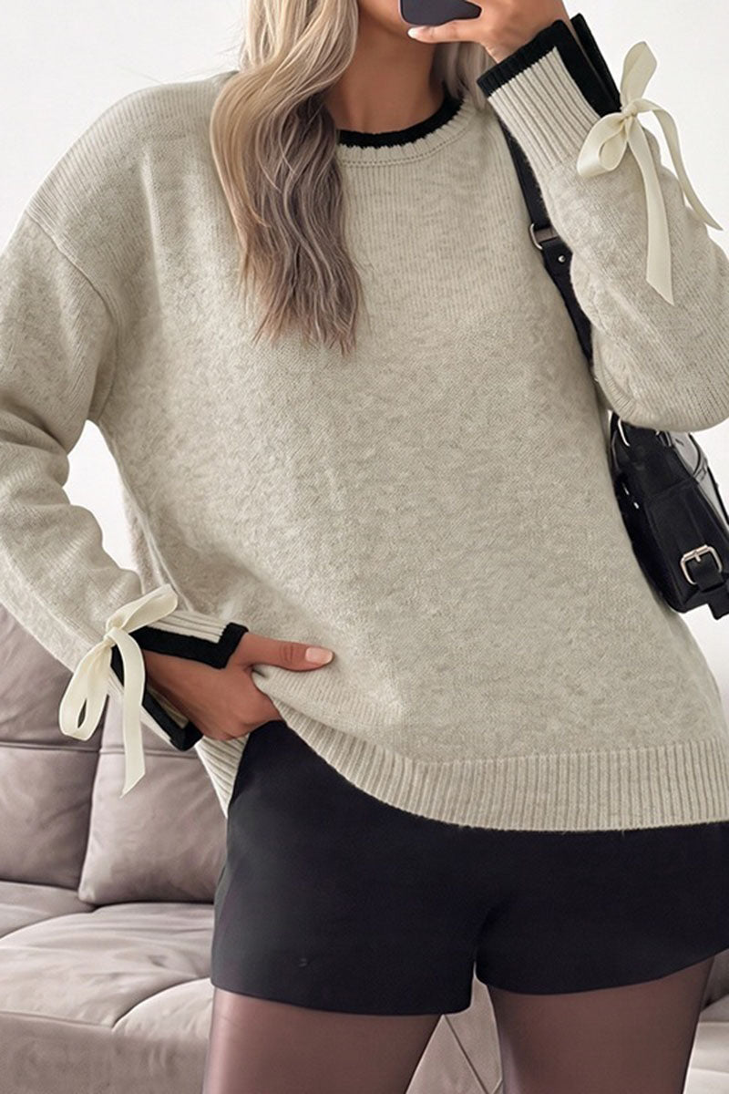 Bow Tie Cuff Crew Neck Knit Sweater