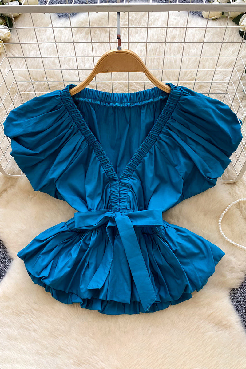 Bow Detail V-Neck Ruched Shirt