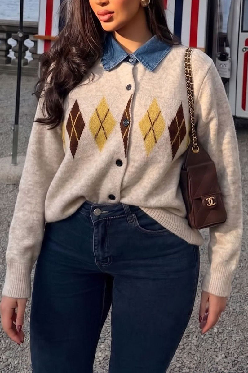 Argyle Knit Denim Collar Cardigan