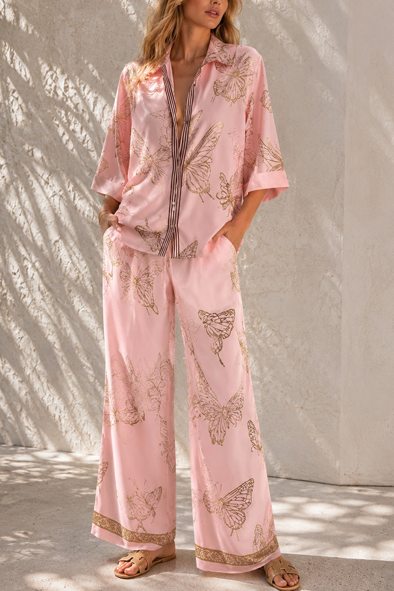 Butterfly Print Zip Front Wide Leg Pants Set