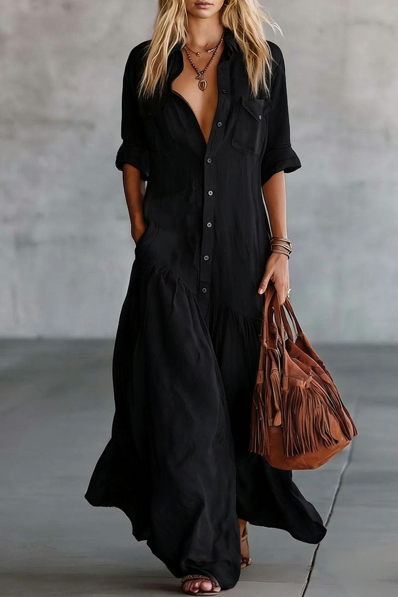Button Down Collar Tiered Maxi Casual Dress